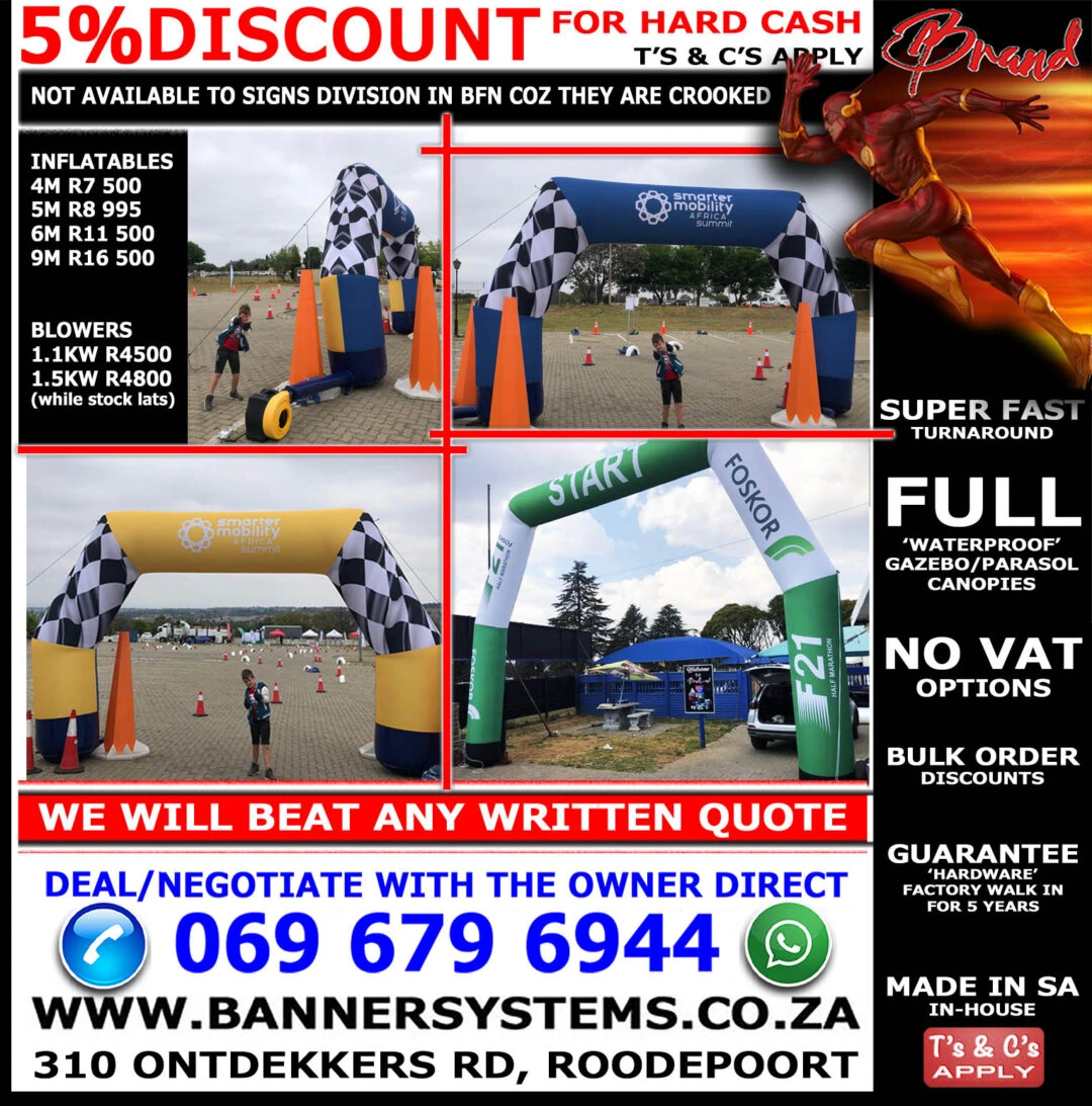 Budget flags and banners direct from the largest flag and banner factory in SA and we also manufacture giant inflatables for any event 